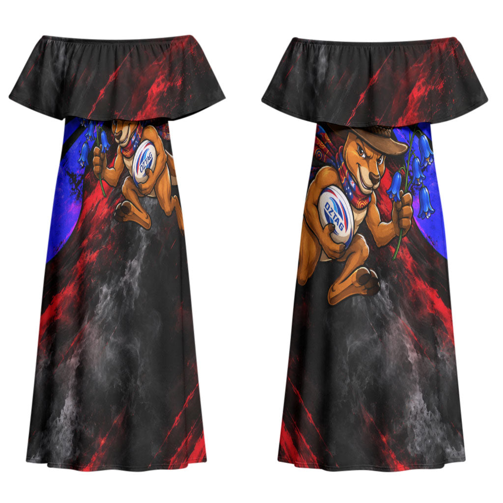 Personalized Australian Capital Territory Oztag Couples Matching Off Shoulder Maxi Dress and Long Sleeve Button Shirt ACT Canberra Kangaroo Mascot Royal Bluebell