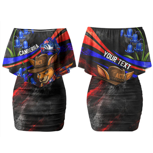 Personalized Australian Capital Territory Oztag Couples Matching Off Shoulder Short Dress and Hawaiian Shirt ACT Canberra Kangaroo Mascot Royal Bluebell
