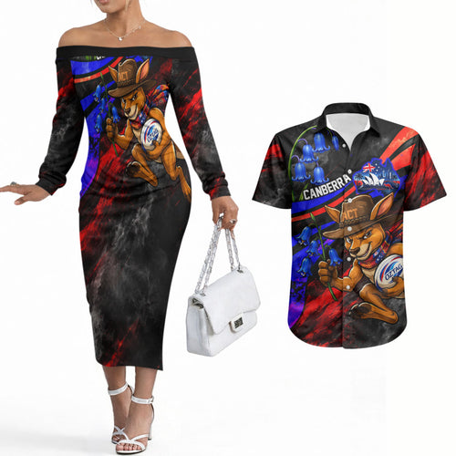 Personalized Australian Capital Territory Oztag Couples Matching Off The Shoulder Long Sleeve Dress and Hawaiian Shirt ACT Canberra Kangaroo Mascot Royal Bluebell
