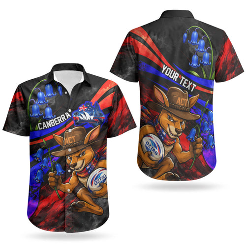 Personalized Australian Capital Territory Oztag Couples Matching Off The Shoulder Long Sleeve Dress and Hawaiian Shirt ACT Canberra Kangaroo Mascot Royal Bluebell
