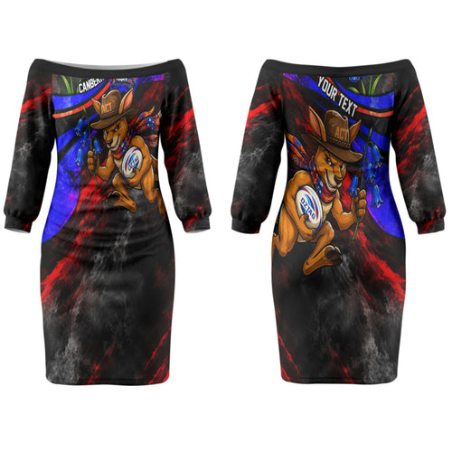 Personalized Australian Capital Territory Oztag Couples Matching Off The Shoulder Long Sleeve Dress and Hawaiian Shirt ACT Canberra Kangaroo Mascot Royal Bluebell