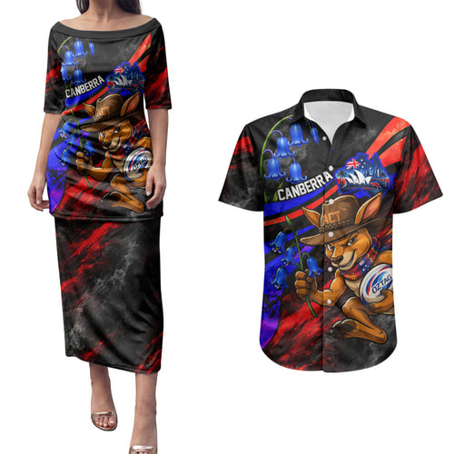 Personalized Australian Capital Territory Oztag Couples Matching Puletasi and Hawaiian Shirt ACT Canberra Kangaroo Mascot Royal Bluebell