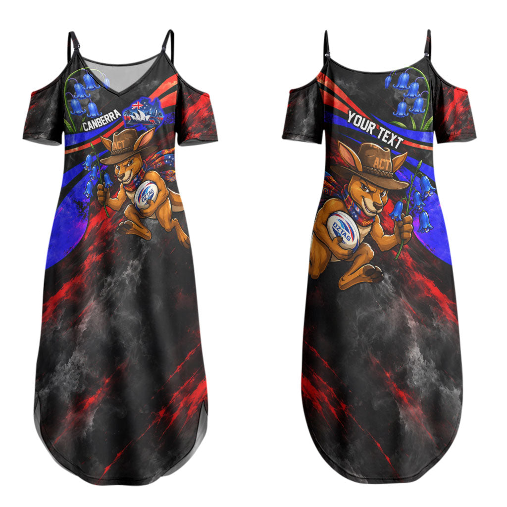 Personalized Australian Capital Territory Oztag Couples Matching Summer Maxi Dress and Long Sleeve Button Shirt ACT Canberra Kangaroo Mascot Royal Bluebell