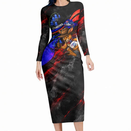 Personalized Australian Capital Territory Oztag Long Sleeve Bodycon Dress ACT Canberra Kangaroo Mascot Royal Bluebell