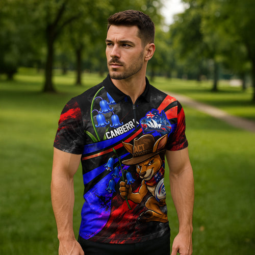 Personalized Australian Capital Territory Oztag Zipper Polo Shirt ACT Canberra Kangaroo Mascot Royal Bluebell