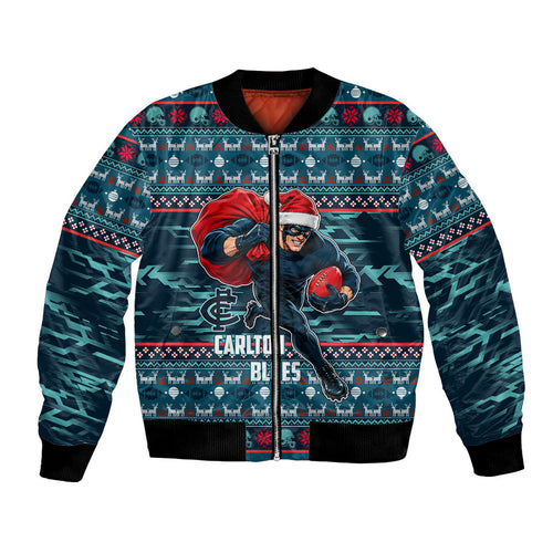 Personalized Carlton Blues Superhero Santa Christmas Bomber Jacket Knit Pattern Festive Footy