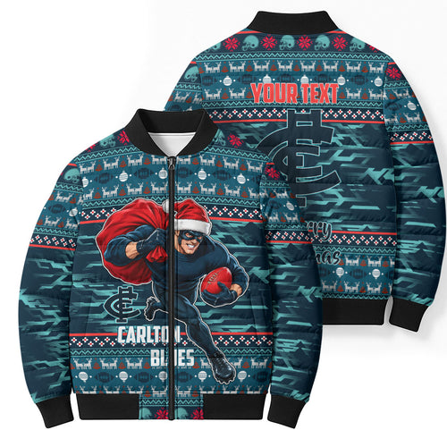 Personalized Carlton Blues Superhero Santa Christmas Bomber Puffer Jacket Knit Pattern Festive Footy