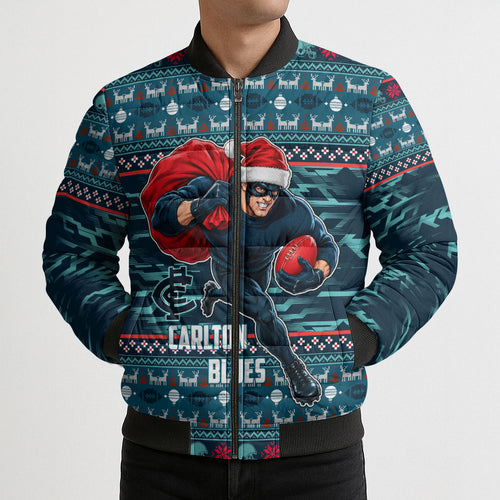 Personalized Carlton Blues Superhero Santa Christmas Bomber Puffer Jacket Knit Pattern Festive Footy