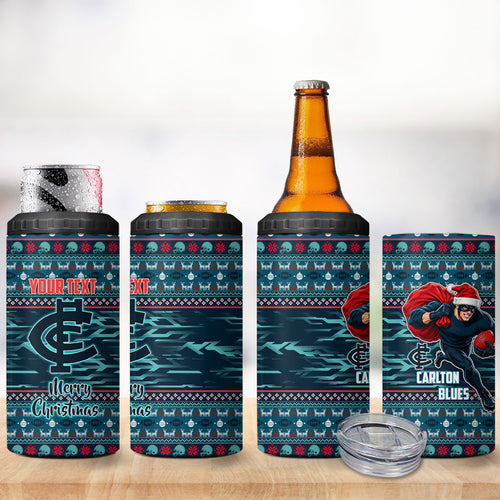 Personalized Carlton Blues Superhero Santa Christmas 4 in 1 Can Cooler Tumbler Knit Pattern Festive Footy