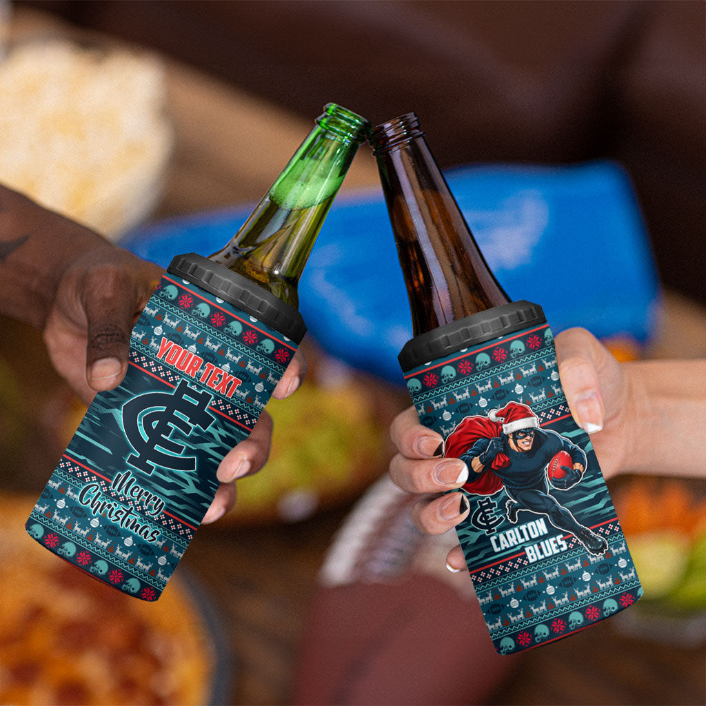 Personalized Carlton Blues Superhero Santa Christmas 4 in 1 Can Cooler Tumbler Knit Pattern Festive Footy