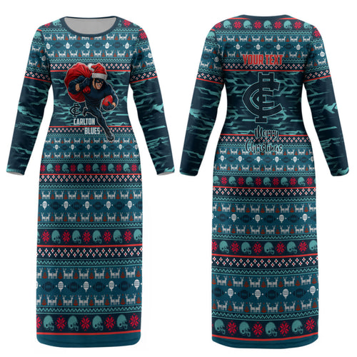 Personalized Carlton Blues Superhero Santa Christmas Couples Matching Long Sleeve Bodycon Dress and Hawaiian Shirt Knit Pattern Festive Footy