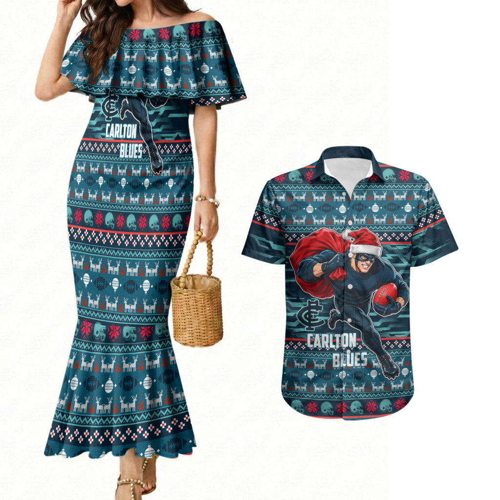 Personalized Carlton Blues Superhero Santa Christmas Couples Matching Mermaid Dress and Hawaiian Shirt Knit Pattern Festive Footy