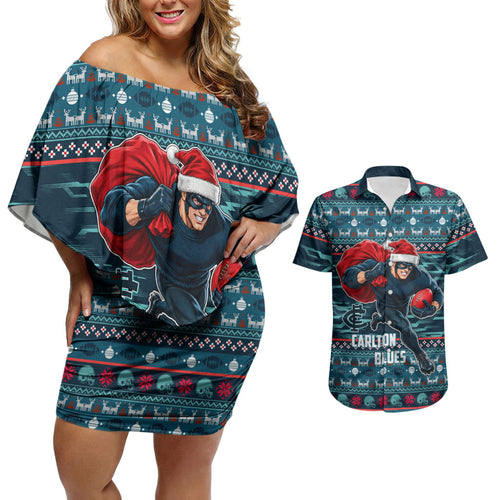 Personalized Carlton Blues Superhero Santa Christmas Couples Matching Off Shoulder Short Dress and Hawaiian Shirt Knit Pattern Festive Footy