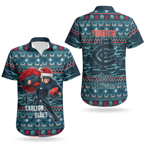 Personalized Carlton Blues Superhero Santa Christmas Couples Matching Off Shoulder Short Dress and Hawaiian Shirt Knit Pattern Festive Footy