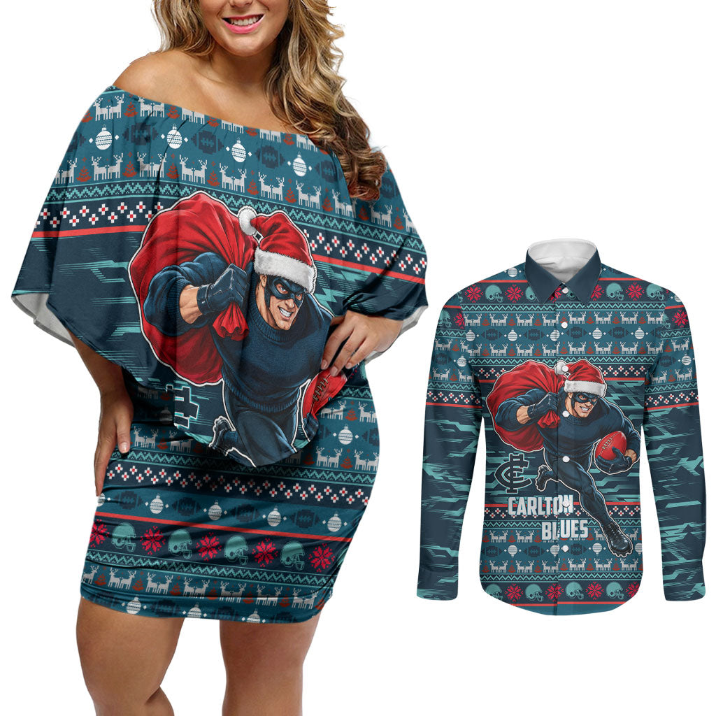 Personalized Carlton Blues Superhero Santa Christmas Couples Matching Off Shoulder Short Dress and Long Sleeve Button Shirt Knit Pattern Festive Footy