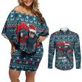 Personalized Carlton Blues Superhero Santa Christmas Couples Matching Off Shoulder Short Dress and Long Sleeve Button Shirt Knit Pattern Festive Footy