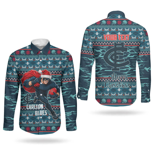 Personalized Carlton Blues Superhero Santa Christmas Couples Matching Off Shoulder Short Dress and Long Sleeve Button Shirt Knit Pattern Festive Footy