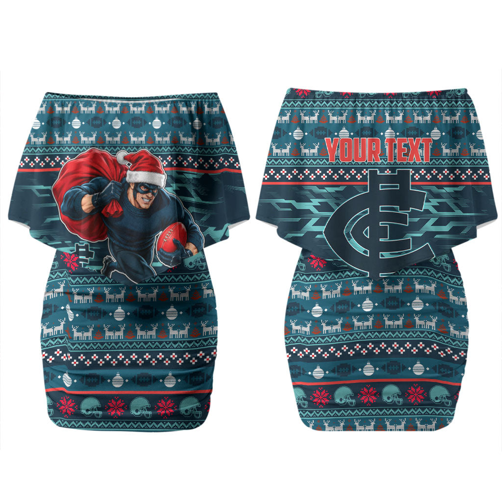 Personalized Carlton Blues Superhero Santa Christmas Couples Matching Off Shoulder Short Dress and Long Sleeve Button Shirt Knit Pattern Festive Footy