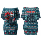 Personalized Carlton Blues Superhero Santa Christmas Couples Matching Off Shoulder Short Dress and Long Sleeve Button Shirt Knit Pattern Festive Footy