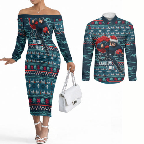 Personalized Carlton Blues Superhero Santa Christmas Couples Matching Off The Shoulder Long Sleeve Dress and Long Sleeve Button Shirt Knit Pattern Festive Footy