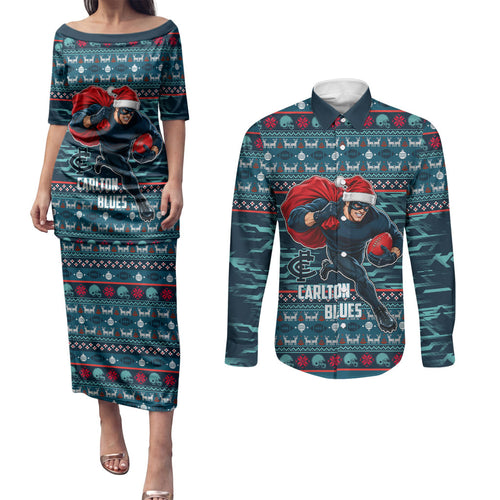 Personalized Carlton Blues Superhero Santa Christmas Couples Matching Puletasi and Long Sleeve Button Shirt Knit Pattern Festive Footy