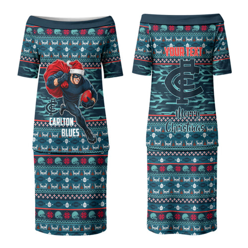 Personalized Carlton Blues Superhero Santa Christmas Couples Matching Puletasi and Long Sleeve Button Shirt Knit Pattern Festive Footy