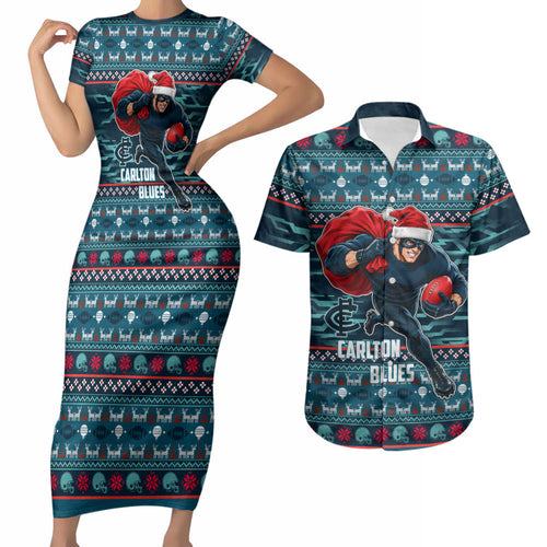 Personalized Carlton Blues Superhero Santa Christmas Couples Matching Short Sleeve Bodycon Dress and Hawaiian Shirt Knit Pattern Festive Footy