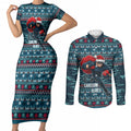 Personalized Carlton Blues Superhero Santa Christmas Couples Matching Short Sleeve Bodycon Dress and Long Sleeve Button Shirt Knit Pattern Festive Footy