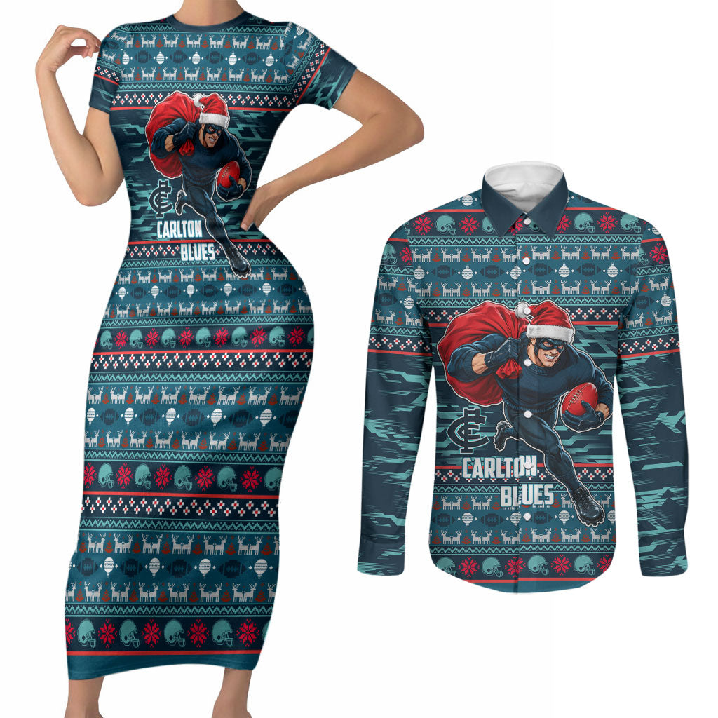 Personalized Carlton Blues Superhero Santa Christmas Couples Matching Short Sleeve Bodycon Dress and Long Sleeve Button Shirt Knit Pattern Festive Footy