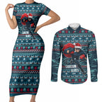 Personalized Carlton Blues Superhero Santa Christmas Couples Matching Short Sleeve Bodycon Dress and Long Sleeve Button Shirt Knit Pattern Festive Footy