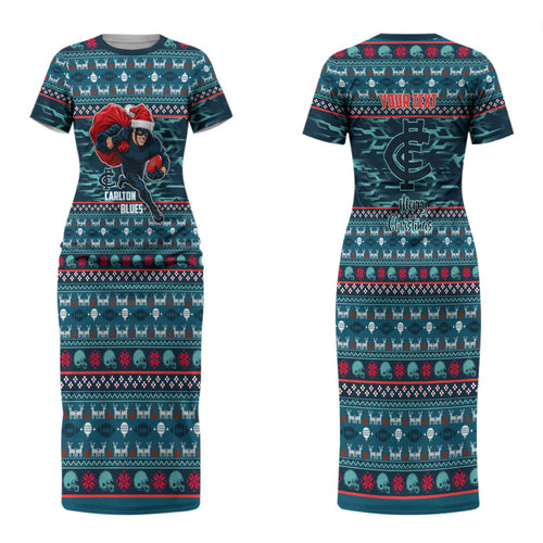 Personalized Carlton Blues Superhero Santa Christmas Couples Matching Short Sleeve Bodycon Dress and Long Sleeve Button Shirt Knit Pattern Festive Footy