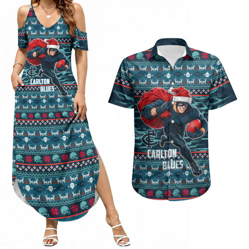 Personalized Carlton Blues Superhero Santa Christmas Couples Matching Summer Maxi Dress and Hawaiian Shirt Knit Pattern Festive Footy