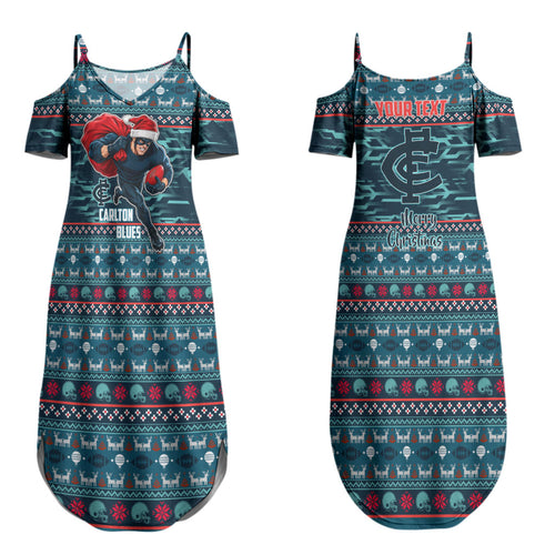 Personalized Carlton Blues Superhero Santa Christmas Couples Matching Summer Maxi Dress and Hawaiian Shirt Knit Pattern Festive Footy