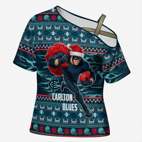 Personalized Carlton Blues Superhero Santa Christmas Cross Shoulder Shirt Knit Pattern Festive Footy