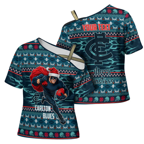 Personalized Carlton Blues Superhero Santa Christmas Cross Shoulder Shirt Knit Pattern Festive Footy