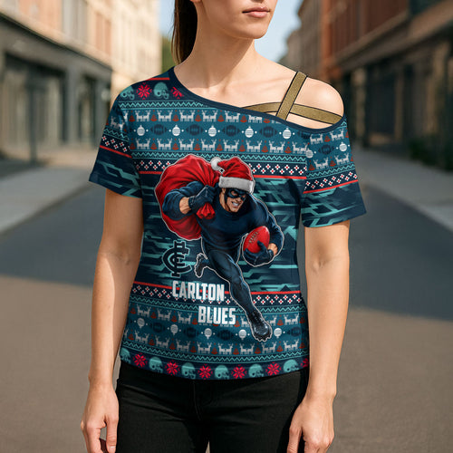Personalized Carlton Blues Superhero Santa Christmas Cross Shoulder Shirt Knit Pattern Festive Footy