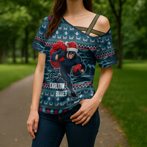 Personalized Carlton Blues Superhero Santa Christmas Cross Shoulder Shirt Knit Pattern Festive Footy