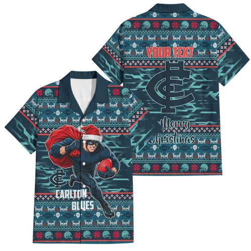 Personalized Carlton Blues Superhero Santa Christmas Family Matching Off The Shoulder Long Sleeve Dress and Hawaiian Shirt Knit Pattern Festive Footy