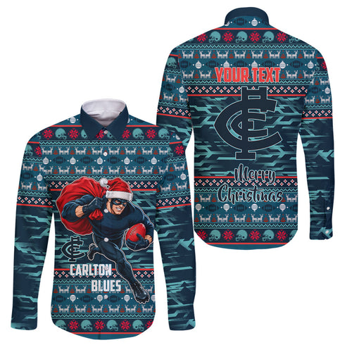 Personalized Carlton Blues Superhero Santa Christmas Family Matching Off The Shoulder Long Sleeve Dress and Hawaiian Shirt Knit Pattern Festive Footy