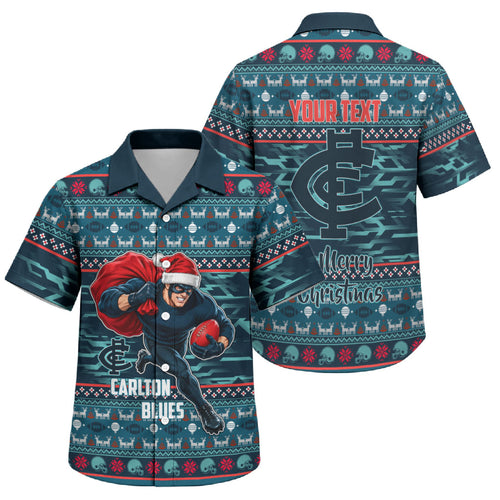 Personalized Carlton Blues Superhero Santa Christmas Family Matching Off The Shoulder Long Sleeve Dress and Hawaiian Shirt Knit Pattern Festive Footy
