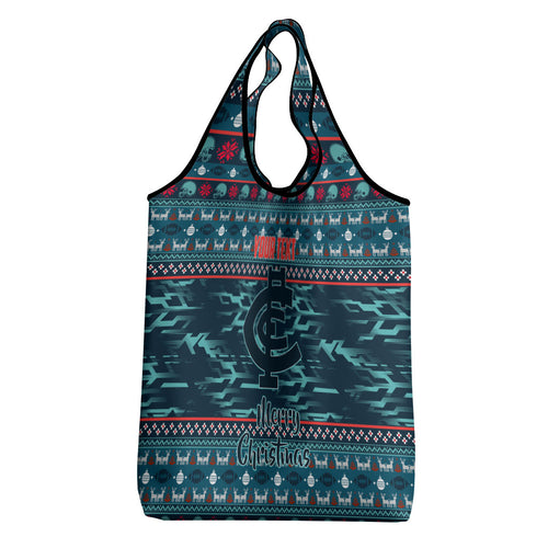 Personalized Carlton Blues Superhero Santa Christmas Grocery Bag Knit Pattern Festive Footy