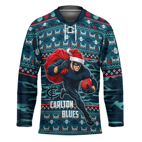 Personalized Carlton Blues Superhero Santa Christmas Hockey Jersey Knit Pattern Festive Footy