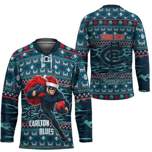 Personalized Carlton Blues Superhero Santa Christmas Hockey Jersey Knit Pattern Festive Footy
