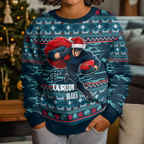 Personalized Carlton Blues Superhero Santa Christmas Kid Ugly Christmas Sweater Knit Pattern Festive Footy