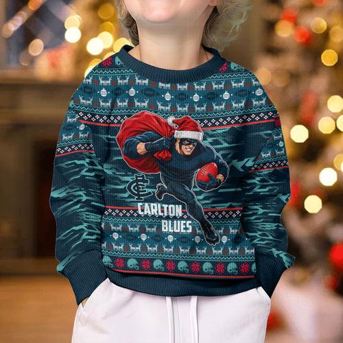 Personalized Carlton Blues Superhero Santa Christmas Kid Ugly Christmas Sweater Knit Pattern Festive Footy