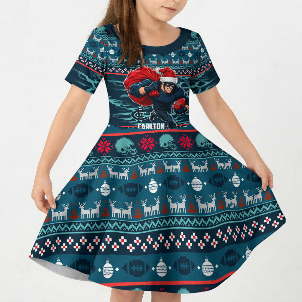 Personalized Carlton Blues Superhero Santa Christmas Kid Short Sleeve Dress Knit Pattern Festive Footy