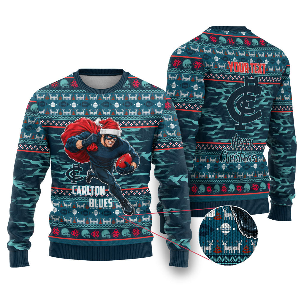 Personalized Carlton Blues Superhero Santa Christmas Ugly Christmas Sweater Knit Pattern Festive Footy