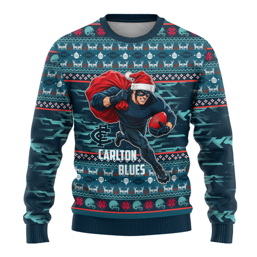 Personalized Carlton Blues Superhero Santa Christmas Ugly Christmas Sweater Knit Pattern Festive Footy