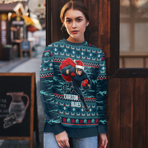 Personalized Carlton Blues Superhero Santa Christmas Ugly Christmas Sweater Knit Pattern Festive Footy