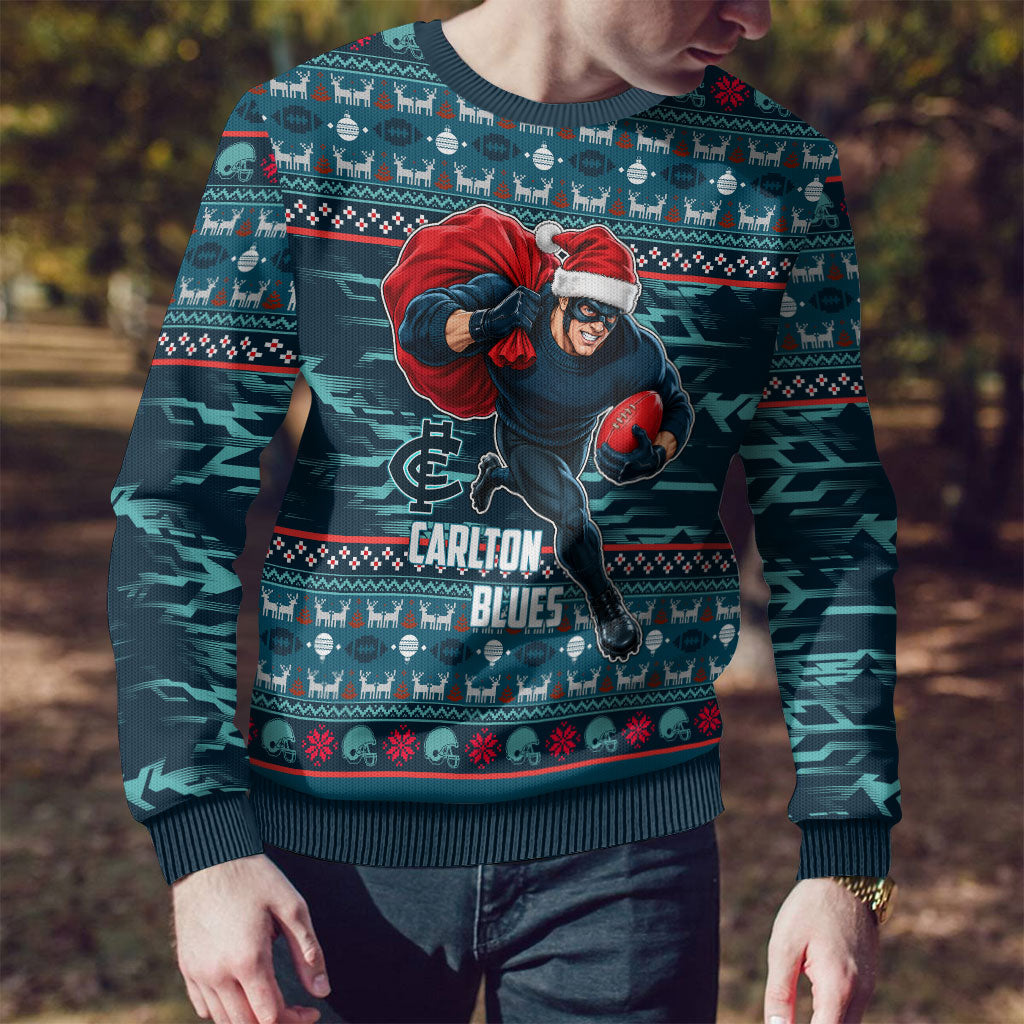 Personalized Carlton Blues Superhero Santa Christmas Ugly Christmas Sweater Knit Pattern Festive Footy